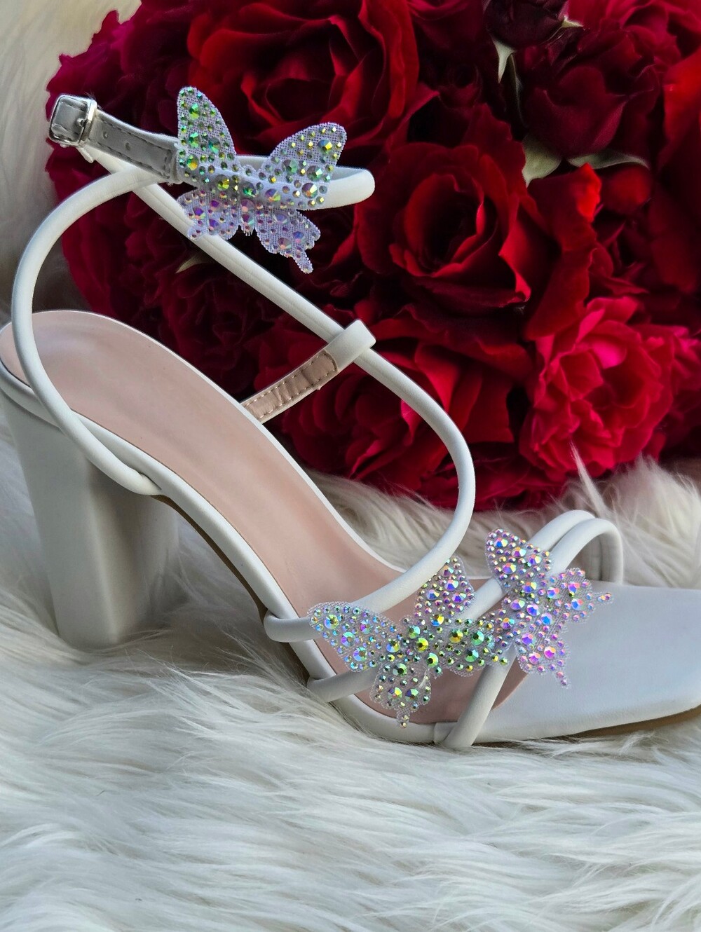 White and Pink Chunky Heels with Crystal Butterfly